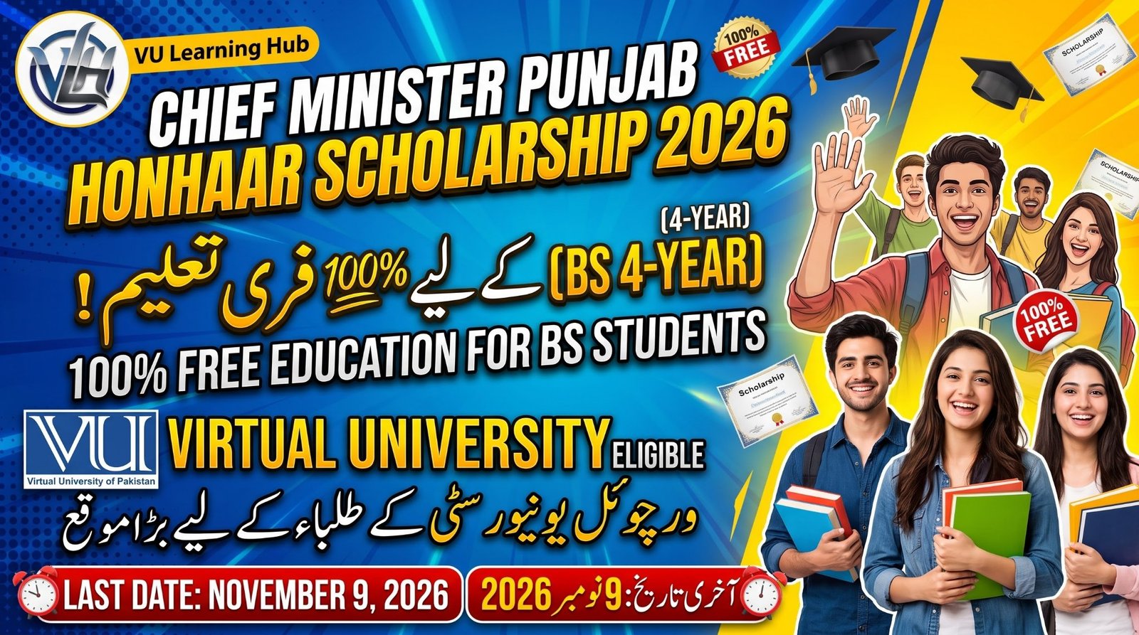 Chief Minister Punjab Honhaar Scholarship 2026 – 100% Free Education for VU BS Students